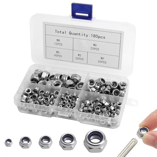 VOSSOT 180 Stück Sicherungsmuttern Set, M3 M4 M5 M6 M8 Sechskantmuttern Selbstsichernde Muttern Sortiment 304 Edelstahl Schraubenmuttern, Kontermuttern für Schrauben und Gewindestangen von VOSSOT