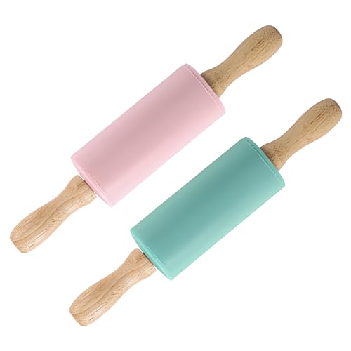 VOSSOT 2 Stück Silikon Nudelholz mit Holzgriff, 23 x 4,2 cm Nudelholz Silikon Teigroller, Antihaft-Oberfläche Kinder Teigrolle, Nudelholz Kinder Backen, für Kuchen Backen Pizza Fondant Cookie von VOSSOT