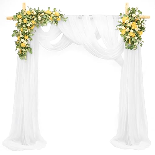 VOSSOT 2 Stück Tüll Querbehang Weiß Hochzeit Vorhang Hochzeitsbogen Chiffon Stoff Gardinen Dekoration 75x600cm Kulissenvorhänge für Hochzeitsbogen Hochzeit Torbogen Zeremonie Fotografie Party von VOSSOT