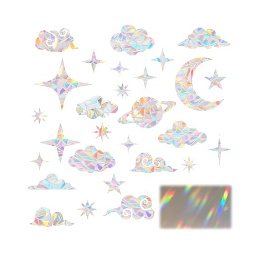 VOSSOT 28 Stück Prisma Fensteraufkleber, Sonnenfänger Fenster Suncatcher Sticker Regenbogen Folie Fenster Fensteraufkleber Vogelschutz Wolke Suncatcher Fenstersticker Fensterfolie für Zuhause Büro von VOSSOT