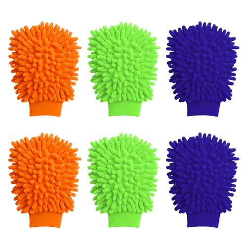 VOSSOT 6 Stück Waschhandschuh Auto Waschen Set Mikrofaser Handschuh Putzhandschuhe Auto Reinigungsset Autopflege Autoreinigung Autowaschhandschuh für Autowäsche Schonend, Weich(Blau, Grün, Orange) von VOSSOT