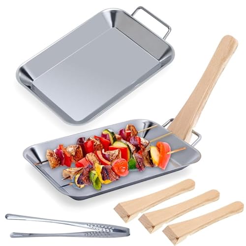 VOSSOT Grillschalen Set Edelstahl für Gasgrill – 2X Grillpfännchen mit 4 Holzgriffen & 1 Grillzange – Wiederverwendbare Grillpfanne für Gemüse Fisch Fleisch BBQ von VOSSOT