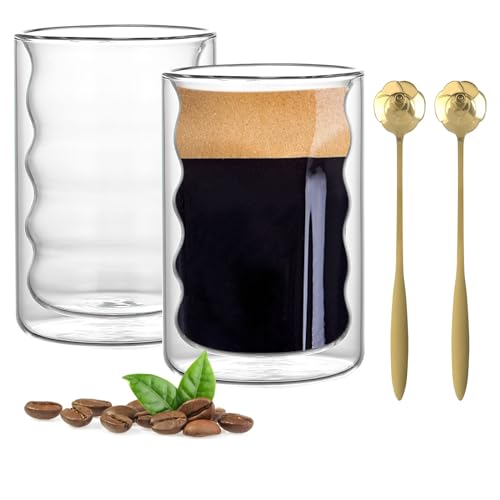 VOSSOT Latte Macchiato Gläser Set 2 x 350ML Doppelwandige Gläser Thermogläser Doppelwandig Cappuccino Tassen mit 2 Rose Löffeln Kaffeegläser Teegläser Cappuccinotassen Kaffee Espressotassen Glas von VOSSOT