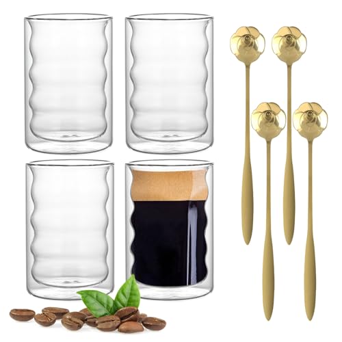 VOSSOT Latte Macchiato Gläser Set 4 x 350ML Doppelwandige Gläser Thermogläser Doppelwandig Cappuccino Tassen mit 4 Rose Löffeln Kaffeegläser Teegläser Cappuccinotassen Kaffee Espressotassen Glas von VOSSOT