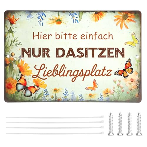 VOSSOT Retro Blechschild, Hier Bitte Einfach Nur Dasitzen, Lieblingsplatz Schild Metallschild Aluminium Wanddeko Gartendeko Vintage Deko Garten Vintage Blechschilder für Garten Zuhause 30 x 20cm von VOSSOT