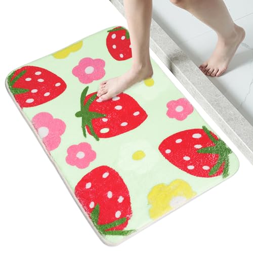 VOSSOT Rosa Badezimmerteppich Erdbeere Beflockter Teppich Bunt Badematte rutschfest rutschfest Badematte Waschbar Badteppich Weiche Mikrofaser Duschvorleger Erdbeer Badematte rutschfest,40 * 60CM von VOSSOT