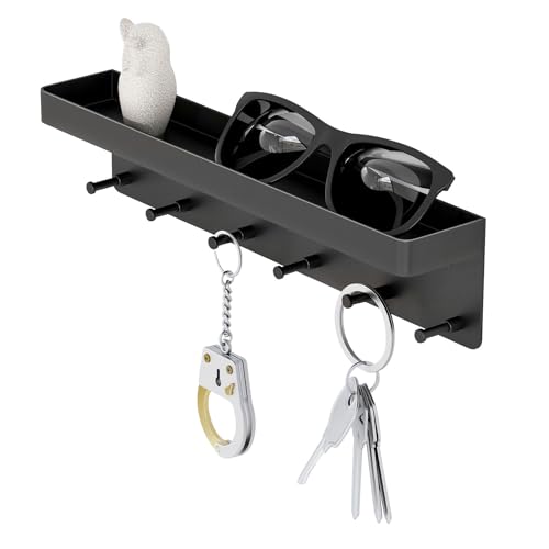 VOSSOT Schlüsselbrett mit Ablage Schlüsselhalter Wand mit 6 Haken Selbstklebend Modern Schlüsselboard Schwarz Ohne Bohren Key Holder Wall Keyholder Schlüsselablage für Eingangsbereich Flur Küche von VOSSOT