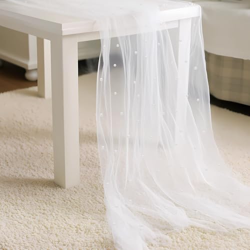 VOSSOT Tischläufer Tüll mit Perlen 310*80cm lang Eleganter Weiße Tüll Tischläufer, Perlenspitze Tischdecke, Brautparty, Romantische Deko, Tischdecke für Hochzeit, Brauttisch & DIY Dekoration von VOSSOT