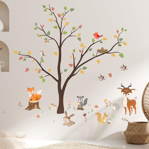 VOSSOT Wandtattoo Waldtiere Baum Wandaufkleber Fuchs Hirsch Lgel Kaninchen Eichhörnchen Waschbären Wandsticker Wald Babyzimmer Kinderzimmer Schlafzimmer Wanddeko von VOSSOT