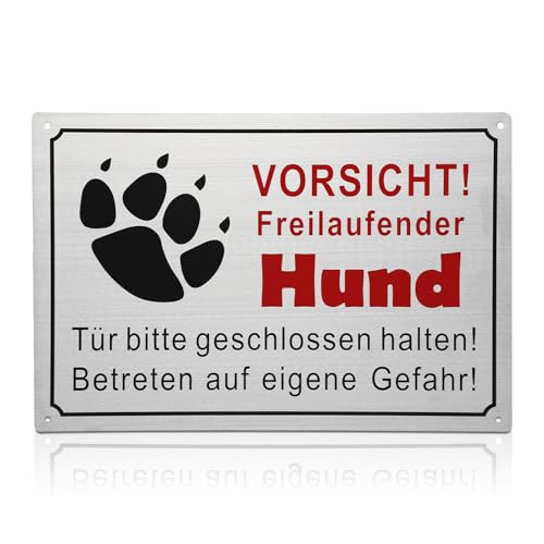 VOSSOT Achtung Hund Schild, Gebürstetes Metall, 30x20cm, Silbergrau, Funktional, Warnung, Richtungsweisend, Hundewarnschild, Wandmontage, Masthalterung von VOSSOT