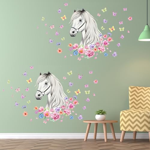 Wandtattoo Pferde mit Blumen, Wandtattoo Kinderzimmer Mädchen Wandtattoo Mädchenzimmer, Rosa Wandsticker Kinderzimmer Mädchen, Wandaufkleber Kinderzimmer Deko Mädchen für Schlafzimmer Kinderzimmer von VOSSOT