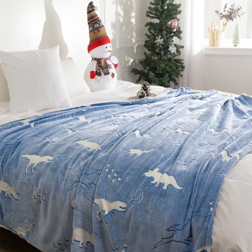 VOTOWN HOME Kuscheldecke Kinder Jungen, Leuchtet im Dunkeln Dinosaurier Dino Decke,Weiche Flauschige Glow in The Dark Blue Decke Dinosaurier Geschenk, Throw Size 127x152 cm Blau von VOTOWN HOME