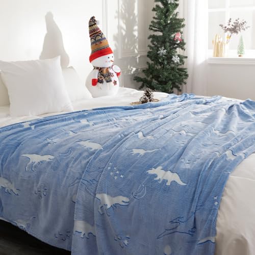 VOTOWN HOME Kuscheldecke Kinder Jungen, Leuchtet im Dunkeln Dinosaurier Dino Decke, Weiche Flauschige Glow in The Dark Blue Decke Dinosaurier Geschenk, Twin Size 150x200 cm Blau von VOTOWN HOME