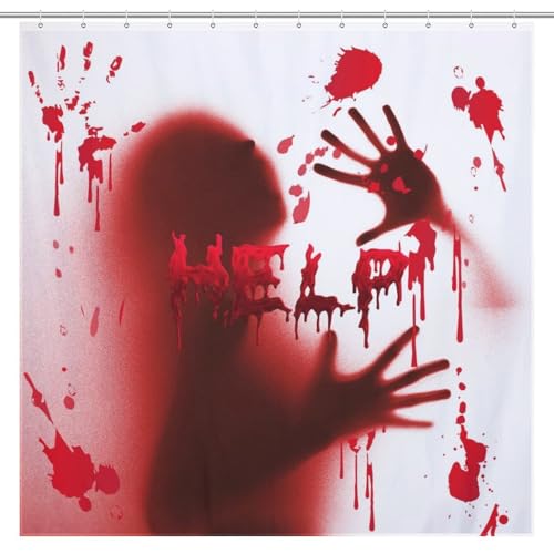 Helfen Sie mir mit blutigen Händen, Halloween-Duschvorhang für gruselige Halloween-Dekorationen, gruseliges Blut, wasserdichter Stoff, Duschvorhänge mit Haken für Horror, Badezimmer-Dekoration Helfen Sie mir mit blutigen Händen, Halloween-Duschvorhang für gruselige Halloween-Dekorationen, gruseliges Blut, wasserdichter Stoff, Duschvorhänge mit Haken für Horror, Badezimmer-Dekoration von VOUGGIME