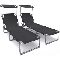 VOUNOT® 2er Set Sonnenliege Klappbar, Gartenliege Strandliege mit Sonnenschutz und Verstellbarer Rückenlehne, Schwarz von VOUNOT
