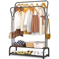 VOUNOT® Doppelt Kleiderständer, Metall Kleiderstange Garderobenständer mit 2-lagigem Schuhregal und 4 seitlichen Haken 110x35x146cm Schwarz von VOUNOT