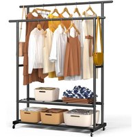 VOUNOT® Doppelt Kleiderständer auf Rollen, Metall Kleiderstange Garderobenständer mit 2 Aufbewahrungsablagen 120x40x146cm Schwarz von VOUNOT