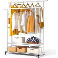VOUNOT® Doppelt Kleiderständer auf Rollen, Metall Kleiderstange Garderobenständer mit 2 Aufbewahrungsablagen 120x40x146cm Weiß von VOUNOT
