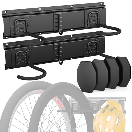 VOUNOT® Fahrrad Wandhalterung für 4 Fahrräder + 2 Helme, Metall Fahrradständer Wand mit 4 Silikon-Schutzpolstern, Vertikale Fahrradaufhängung Wand, Fahrradhaken für Garage oder Keller, Schwarz von VOUNOT