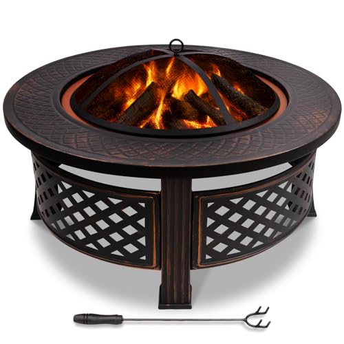 VOUNOT® Feuerschale Ø 81 cm mit Funkenschutz und Schürhaken Metall Feuerkorb Feuerstelle für den Garten, Terrasse, Heizung und Camping, Schwarz von VOUNOT