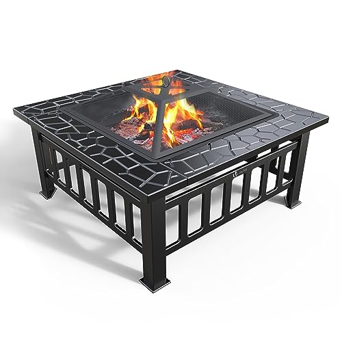 VOUNOT® Feuerschale mit Funkenschutz, Metall Feuerstelle Feuerkorb für Garden Terrasse Heizung, mit Wasserfester Schutzhülle, 81x81x45cm von VOUNOT