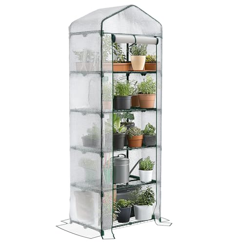 VOUNOT® Gewächshaus Foliengewächshaus, 5 Etagen Treibhaus Gartenhäuschen für Balkon mit 5 Regalebenen, Tomatenhaus Tomatengewächshaus, Weiß 69x49x193cm von VOUNOT