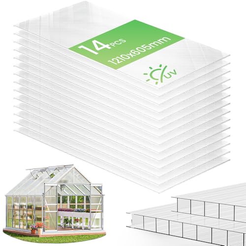 VOUNOT® Gewächshausplatten 14er Set, Polycarbonat Doppelstegplatten 4mm, Hohlkammerplatten UV-beständig & bruchsicher, Polycarbonatplatten 60.5 x 121 cm, für Gewächshaus & Carport von VOUNOT
