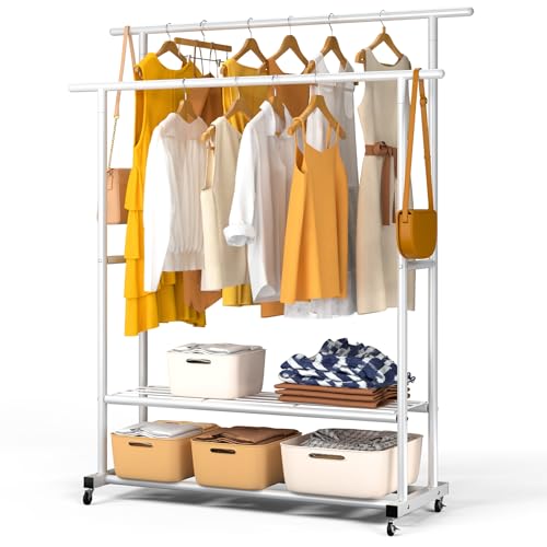 VOUNOT® Kleiderständer auf Rollen, Kleiderstange Doppelt, Garderobenständer Metall mit 2 Aufbewahrungsablagen, Stabil, Schwerlast, für Schlafzimmer Flur Ankleidezimmer, 120x40x146cm Weiß von VOUNOT