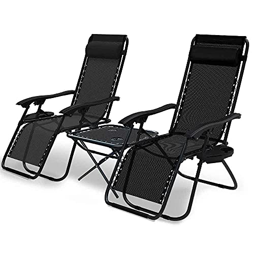 VOUNOT 2 Liegestuhl mit Klapptisch, Getränkehalter, Gartenstuhl, faltbar, aus Textilene, mit Kopfpolster, max. Belastung 120 kg, Schwarz, Lot de 2 Avec Table VOUNOT 2 Liegestuhl mit Klapptisch, Getränkehalter, Gartenstuhl, faltbar, aus Textilene, mit Kopfpolster, max. Belastung 120 kg, Schwarz, Lot de 2 Avec Table von VOUNOT