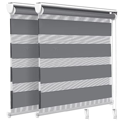 VOUNOT 2er Set Doppelrollo klemmfix ohne Bohren, Duo Rollo Klemmrollo für Fenster und Tür, lichtdurchlässig & verdunkelnd Fensterrollo, 100x150cm, Grau von VOUNOT