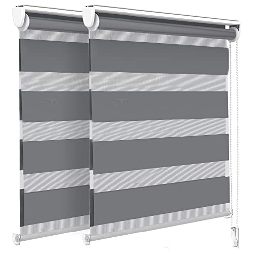 VOUNOT 2er Set Doppelrollo klemmfix ohne Bohren, Duo Rollo Klemmrollo für Fenster und Tür, lichtdurchlässig & verdunkelnd Fensterrollo, 90x150cm, Grau von VOUNOT