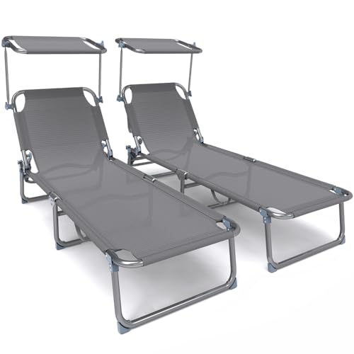 VOUNOT 2er Set Sonnenliege Klappbar, Gartenliege Strandliege mit Sonnenschutz und Verstellbarer Rückenlehne, Liegestuhl für Garten, Pool, Terrasse, Grau von VOUNOT