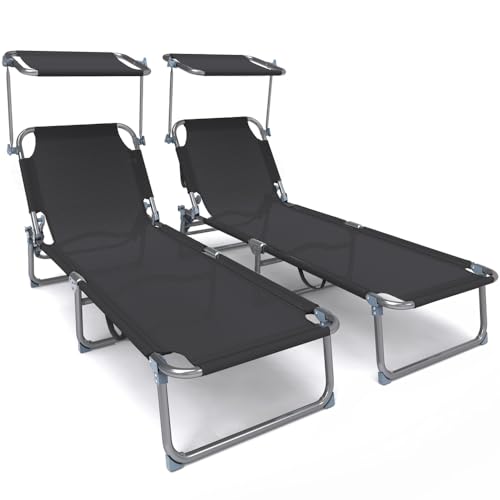 VOUNOT 2er Set Sonnenliege Klappbar, Gartenliege Strandliege mit Sonnenschutz und Verstellbarer Rückenlehne, Liegestuhl für Garten, Pool, Terrasse, Schwarz von VOUNOT