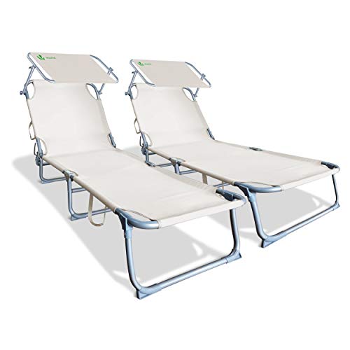 VOUNOT 2er Set Sonnenliege mit Dach, Klappbare Strandliege, Gartenliege Liegestuhl, Sonnendach und Rückenlehne Verstellbar, 190 x 58 x 27 cm, Beige VOUNOT 2er Set Sonnenliege mit Dach, Klappbare Strandliege, Gartenliege Liegestuhl, Sonnendach und Rückenlehne Verstellbar, 190 x 58 x 27 cm, Beige von VOUNOT