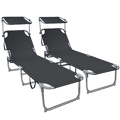 VOUNOT 2er Set Sonnenliege mit Dach, Klappbare Strandliege, Gartenliege Liegestuhl, Sonnendach und Rückenlehne Verstellbar, 190 x 58 x 27 cm, Schwarz VOUNOT 2er Set Sonnenliege mit Dach, Klappbare Strandliege, Gartenliege Liegestuhl, Sonnendach und Rückenlehne Verstellbar, 190 x 58 x 27 cm, Schwarz von VOUNOT