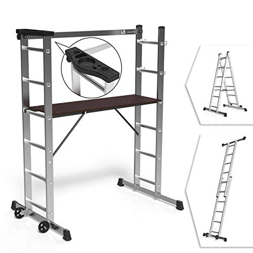 VOUNOT Alu Leitergerüst 3 in 1, Baugerüst Alugerüst Gerüst, Aluminium Leiter und Gerüst, Arbeitsbühne bis 150KG Belastbar, 2x6 Sprossen von VOUNOT