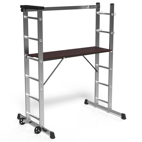 VOUNOT Alu Leitergerüst 3 in 1, Baugerüst Alugerüst Gerüst, Aluminium Leiter und Gerüst, Arbeitsbühne bis 150KG Belastbar, 2x6 Sprossen von VOUNOT