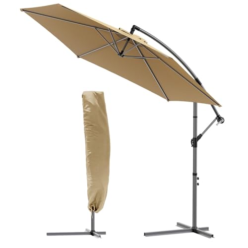VOUNOT Ampelschirm 300 cm, Sonnenschirm mit Kurbelvorrichtung, Kurbelschirm mit Schutzhülle, Sonnenschutz UV-Schutz, Gartenschirm Marktschirm, Khaki von VOUNOT