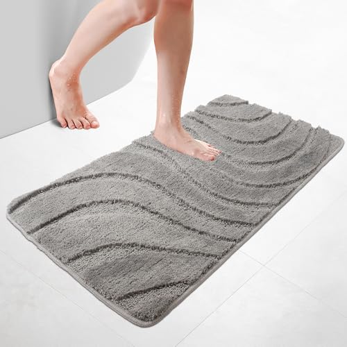 VOUNOT Badematte rutschfeste, Mikrofaser Weich Saugfähig Badezimmerteppich, Flauschig & schnelltrocknend Maschinenwaschbar Badteppich, Fußmatte mit Wellenmuster Duschvorleger 60x110cm Grau von VOUNOT