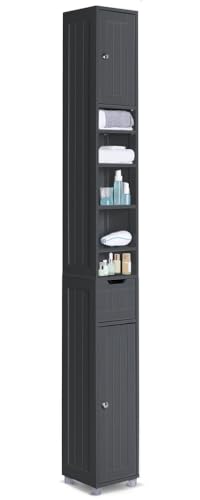 VOUNOT Badezimmerschrank Hoch mit 2 Türen und 1 Schublade, Badschrank Schmal, Badezimmer Hochschrank, 20x20x180cm, Schwarz von VOUNOT
