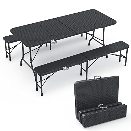 VOUNOT Bierzeltgarnitur Klappbar 3-teilig Set, 1 Biertisch & 2 Bierbänke, Festzeltgarnitur 180x75x72 cm Rattan-Optik Gartengarnitur Campingset Klapptisch, Schwarz von VOUNOT
