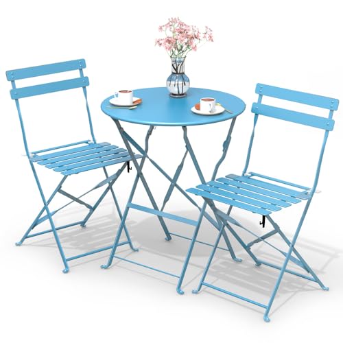 VOUNOT Bistroset 3-teilig, Klappbar Bistrotisch mit 2 Stühlen, Gartenmöbel Set Balkonset Gartengarnitur, Sitzgruppe Metall, Bistro Set Outdoor, Blau von VOUNOT