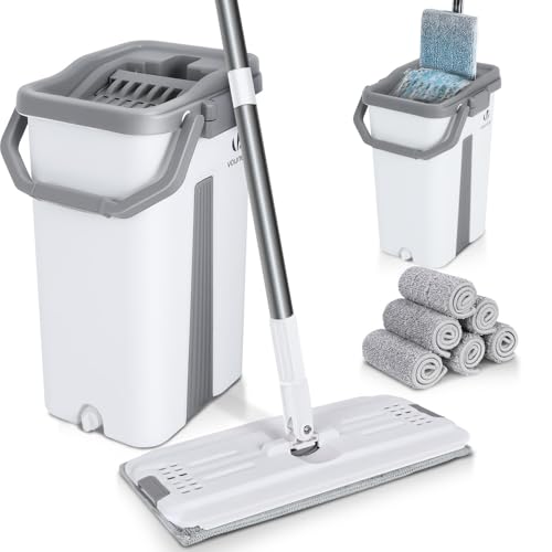 VOUNOT Bodenwischer, Wischmopp Set mit Eimer zum Auswringfunktion, Flacher Mikrofaser & Putzset mit Edelstahlgriff, 6 Wiederverwendbare Wischmop Ersatzbezüge, alle Arten von Böden Weiß von VOUNOT