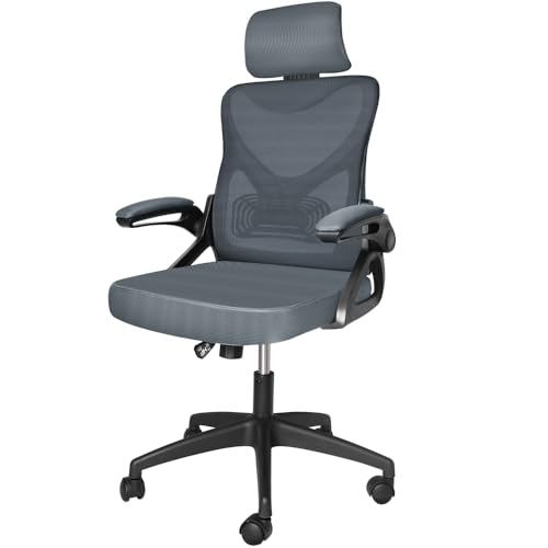 VOUNOT Bürostuhl ergonomisch, Schreibtischstuhl mit hochklappbaren Armlehnen, Einstellbarer Lendenwirbelstütze & Kopfstütze, Höhenverstellbarer Drehstuhl Chefsessel mit Wippfunktion bis 120° Grau von VOUNOT