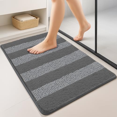 VOUNOT Chenille Badematte rutschfeste, Mikrofaser Saugfähig Badezimmerteppich, Flauschig & schnelltrocknend Maschinenwaschbar Badteppich, Super Weich Fußmatte Duschvorleger 60x110cm Grau von VOUNOT