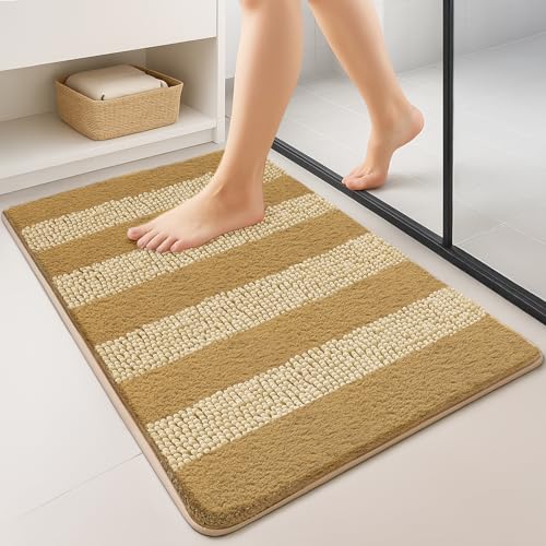 VOUNOT Chenille Badematte rutschfeste, Mikrofaser Saugfähig Badezimmerteppich, Flauschig & schnelltrocknend Maschinenwaschbar Badteppich, Super Weich Fußmatte Duschvorleger 60x90cm Beige von VOUNOT