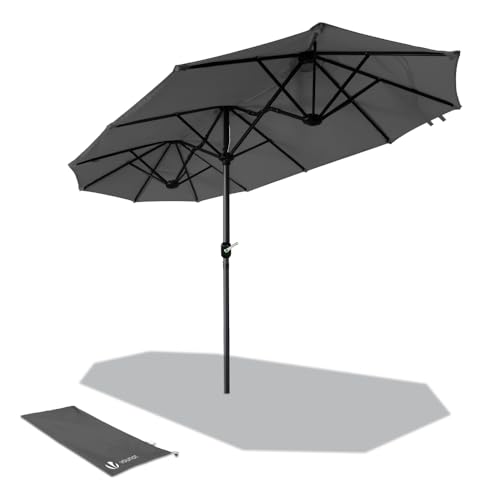 VOUNOT Doppelsonnenschirm mit Handkurbel, Sonnenschirm Marktschirm Gartenschirm Terrassenschirm, Sonnenschutz, 150 x 300 cm, Grau von VOUNOT