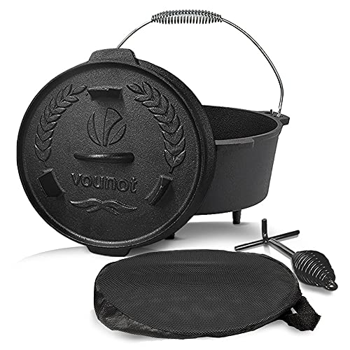 VOUNOT Dutch Oven Set 9 Liter, Eingebrannter Feuertopf aus Gusseisen für Garten Lagerfeuer Camping, mit Füßen, Deckel, Deckelheber und Tragetasche von VOUNOT