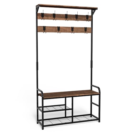 VOUNOT Garderobenständer, Kleiderständer mit Schuhregal u. Sitzfläche, Garderobe für Flur, 3 Ebenen mit 9 abnehmbaren Haken, Anti-Kipp-System 185x85x33 cm von VOUNOT