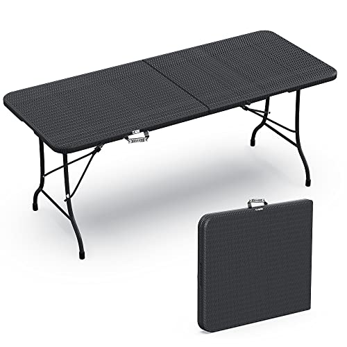 VOUNOT Gartentisch Klapptisch 180x75 cm, Campingtisch Buffettisch Klappbar mit Tragegriff für Garten, Terrasse und Balkon, Rattan Optik Schwarz von VOUNOT